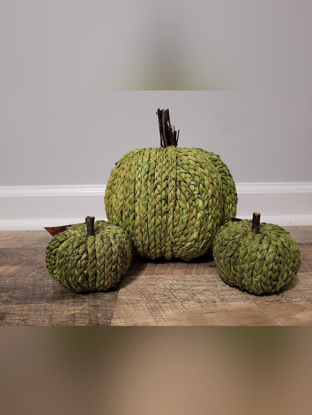 Braided Green Raffia Decorative Pumpkin Trio Set - Fall Home Holiday Accent